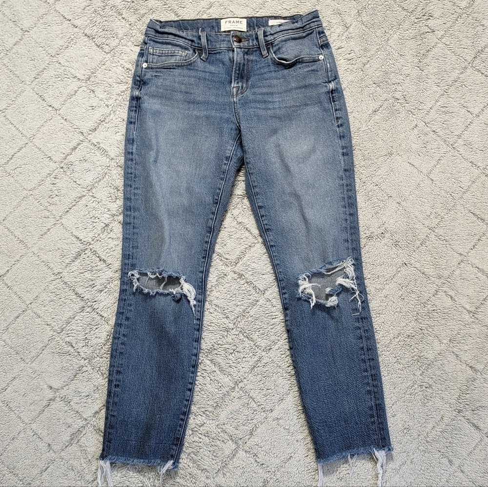 Frame Jeans Women's 25 Blue Le Boy Valle Blvd Distressed Frayed Hem Straight